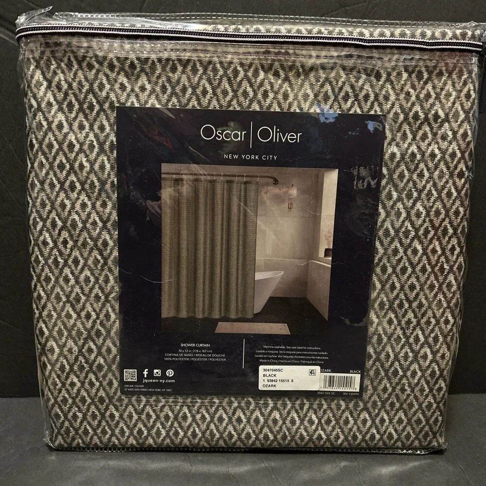 Oscar Oliver Ozark Shower Curtain Black Tan Geometric Diamond Pattern 70x72 NEW